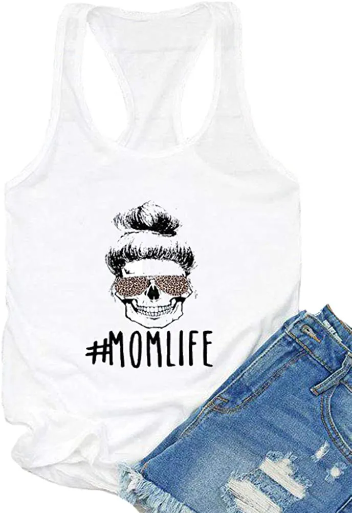 Women Mom Life Tank Top Leopard Skull Mom Shirt