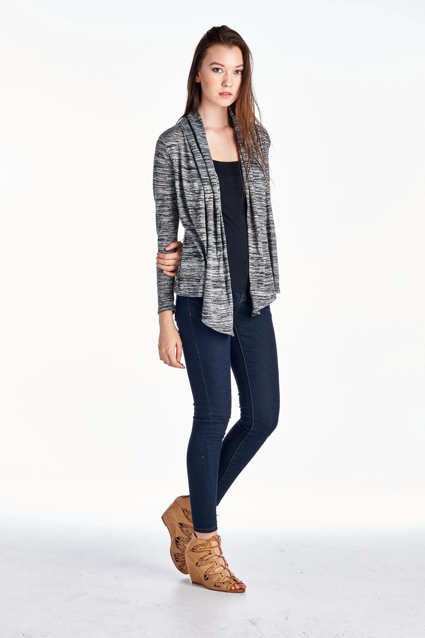 Women's Long Sleeve Black & Grey Melange Knit Open Cardigan