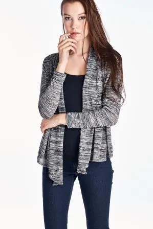 Women's Long Sleeve Black & Grey Melange Knit Open Cardigan