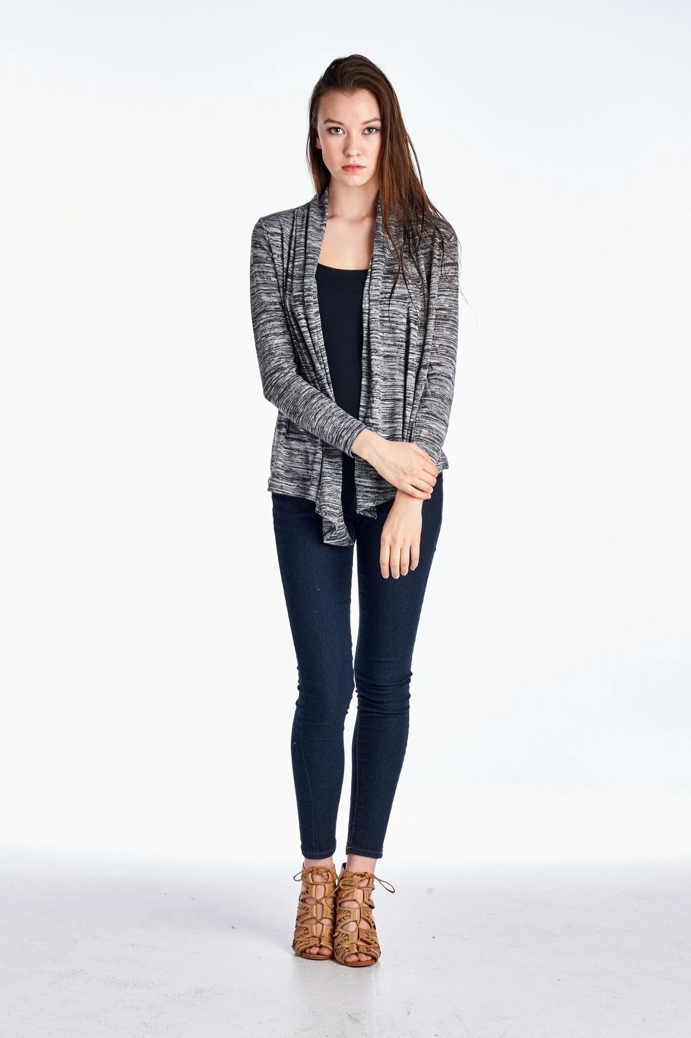 Women's Long Sleeve Black & Grey Melange Knit Open Cardigan