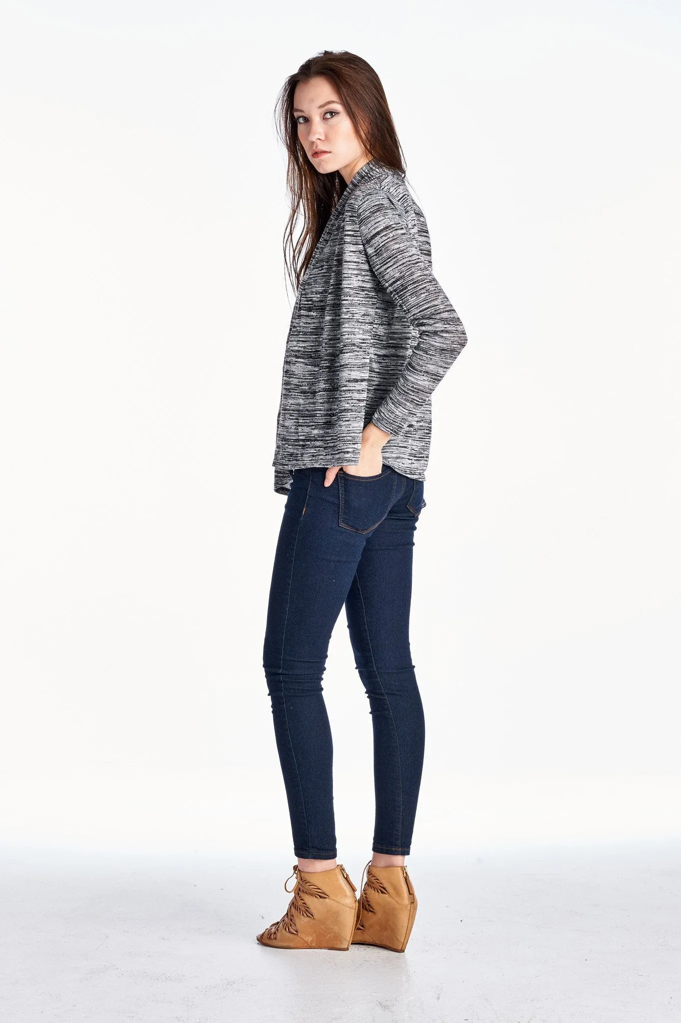 Women's Long Sleeve Black & Grey Melange Knit Open Cardigan