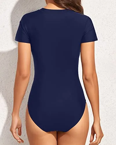 Women's Short Sleeve Rash Guard Zipper Swimsuit Upf 50 -Navy Blue