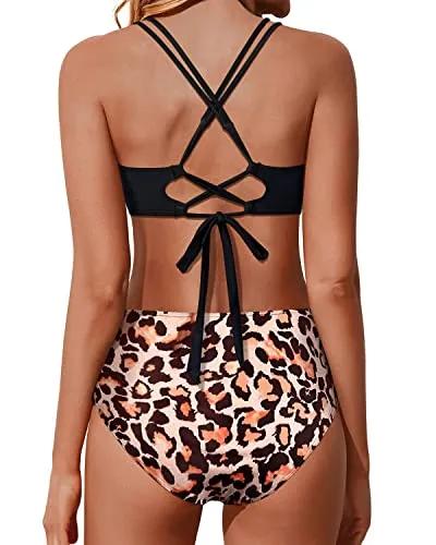 Wrap Women's High Waisted Two Piece Bikini Set Push Up Swimsuit-Black And Leopard