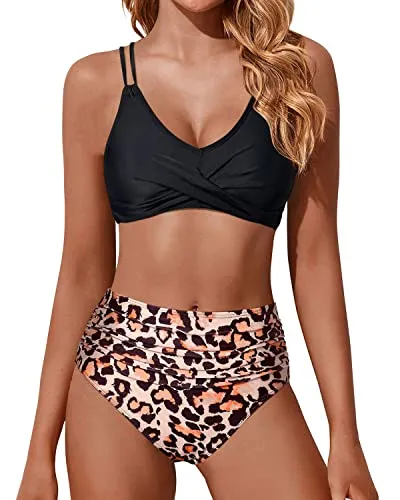 Wrap Women's High Waisted Two Piece Bikini Set Push Up Swimsuit-Black And Leopard