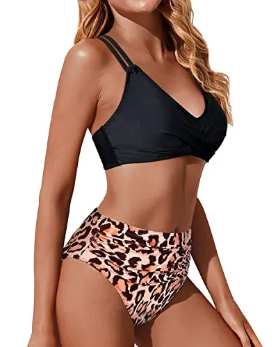 Wrap Women's High Waisted Two Piece Bikini Set Push Up Swimsuit-Black And Leopard