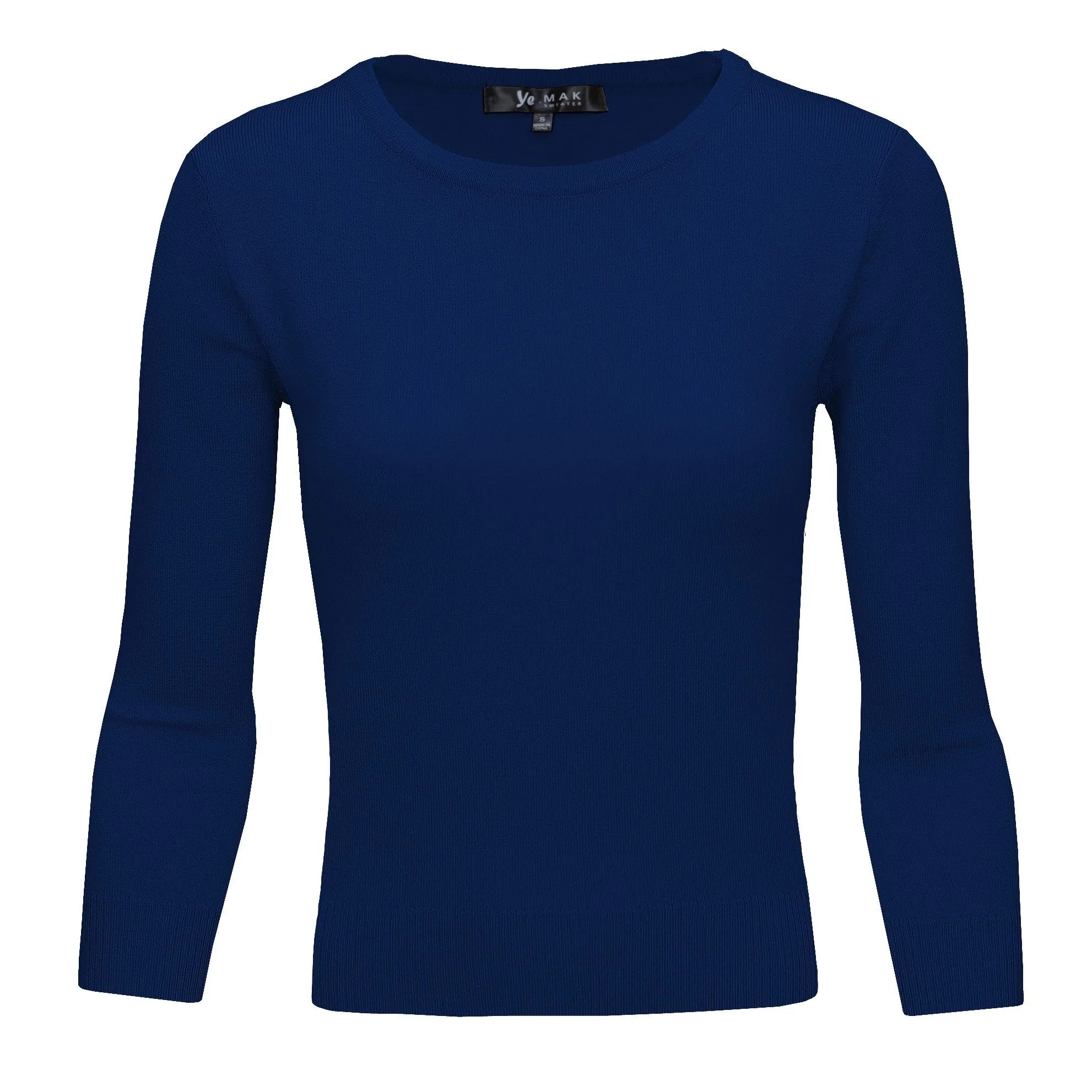 YEMAK Women's 3/4 Sleeve Crewneck Lightweight Basic Casual knit Pullover Sweater MK3636 (S-XL)